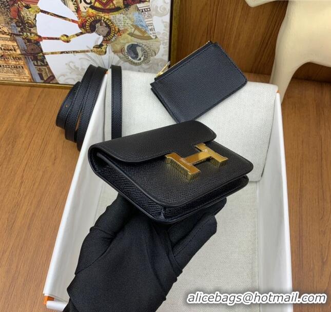 New Design Hermes Constance Slim Wallet with Leather Strap in Epsom Leather H0112 Black/Gold 2024 (Half Handmade)