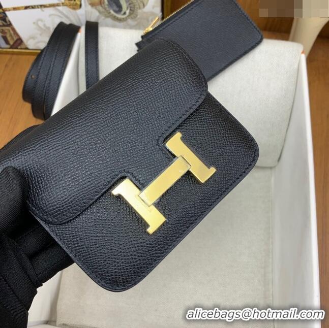 New Design Hermes Constance Slim Wallet with Leather Strap in Epsom Leather H0112 Black/Gold 2024 (Half Handmade)