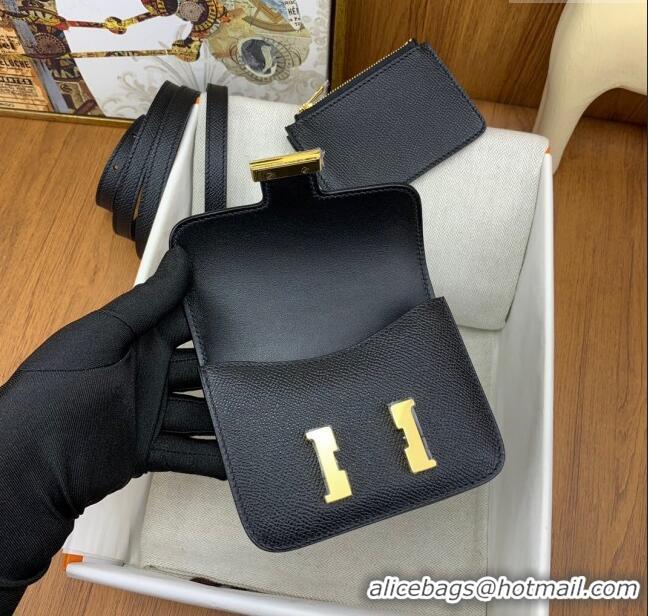 New Design Hermes Constance Slim Wallet with Leather Strap in Epsom Leather H0112 Black/Gold 2024 (Half Handmade)