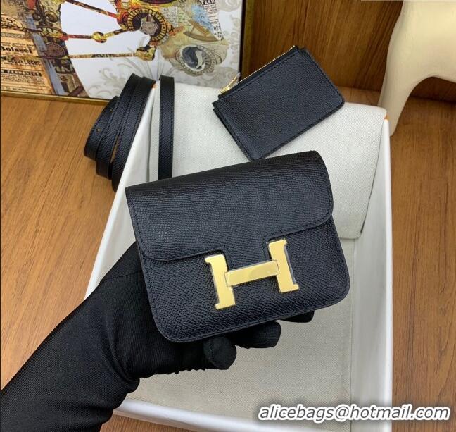 New Design Hermes Constance Slim Wallet with Leather Strap in Epsom Leather H0112 Black/Gold 2024 (Half Handmade)