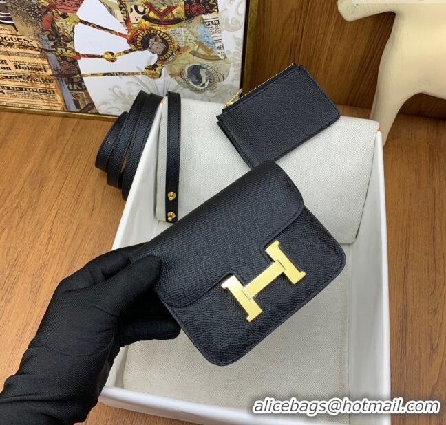 New Design Hermes Constance Slim Wallet with Leather Strap in Epsom Leather H0112 Black/Gold 2024 (Half Handmade)