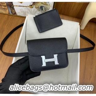 Low Cost Hermes Constance Slim Wallet with Leather Strap in Epsom Leather H0112 Black/Silver 2024 (Half Handmade)