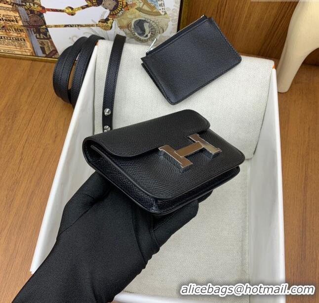 Low Cost Hermes Constance Slim Wallet with Leather Strap in Epsom Leather H0112 Black/Silver 2024 (Half Handmade)