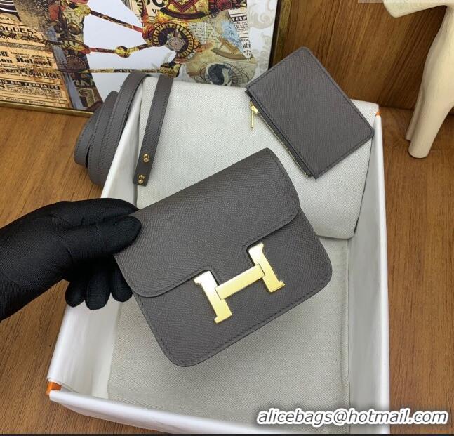 Buy Classic Hermes Constance Slim Wallet with Leather Strap in Epsom Leather H0112 Tinware Grey/Gold 2024 (Half Handmade