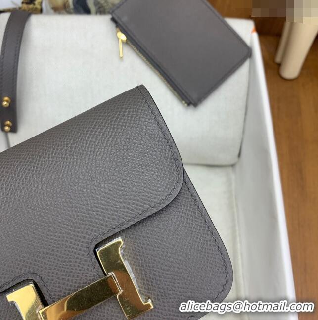 Buy Classic Hermes Constance Slim Wallet with Leather Strap in Epsom Leather H0112 Tinware Grey/Gold 2024 (Half Handmade