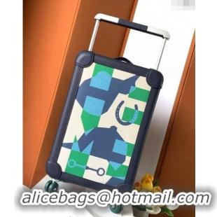 High Quality Hermes R.M.S Cabin Suitcase Luggage Travel bag 55cm in Printed Canvas and Leather H2053 Green/Dark Blue 202