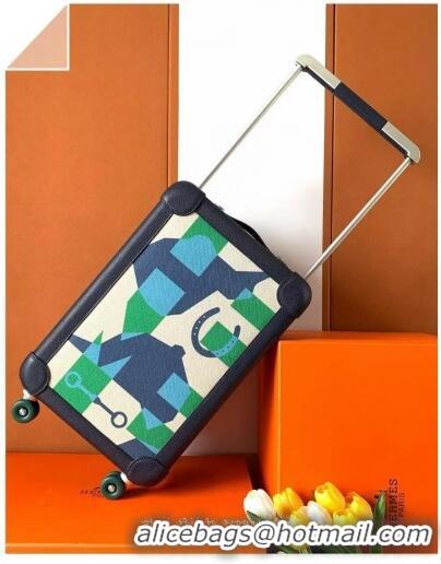 High Quality Hermes R.M.S Cabin Suitcase Luggage Travel bag 55cm in Printed Canvas and Leather H2053 Green/Dark Blue 202