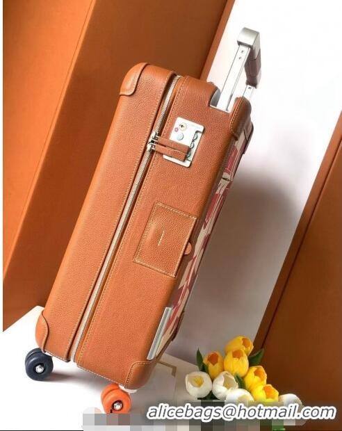 Cheapest Hermes R.M.S Cabin Suitcase Luggage Travel bag 55cm in Printed Canvas and Leather H2053 Brown/Red 2024