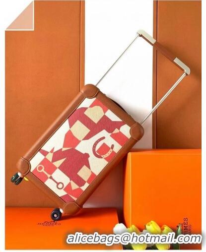 Cheapest Hermes R.M.S Cabin Suitcase Luggage Travel bag 55cm in Printed Canvas and Leather H2053 Brown/Red 2024