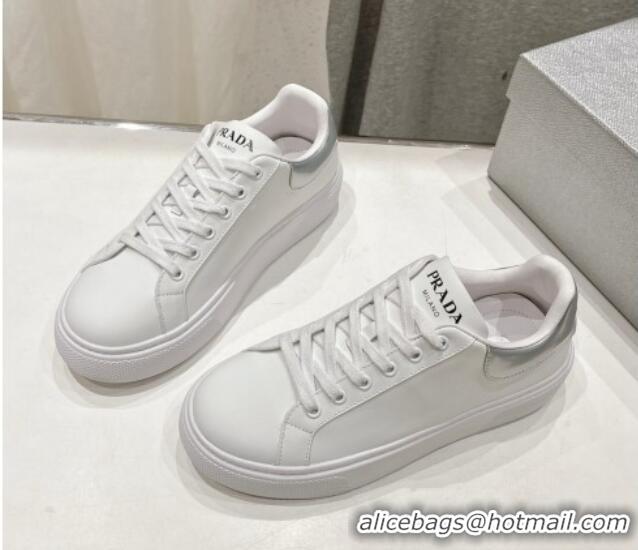 Luxury Cheap Prada White leather sneakers with Tab Silver 719136