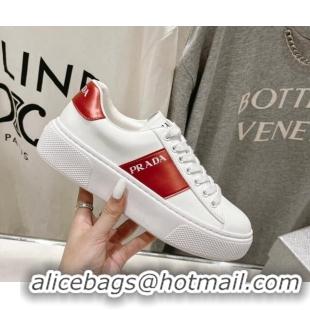 Unique Discount Prada White leather sneakers with Red Web and Tab 719139