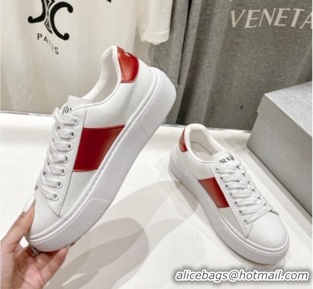 Unique Discount Prada White leather sneakers with Red Web and Tab 719139