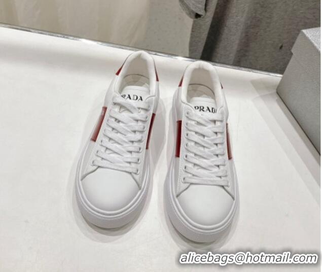 Unique Discount Prada White leather sneakers with Red Web and Tab 719139