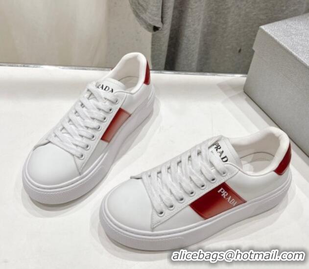 Unique Discount Prada White leather sneakers with Red Web and Tab 719139