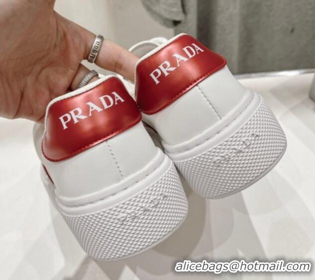 Unique Discount Prada White leather sneakers with Red Web and Tab 719139