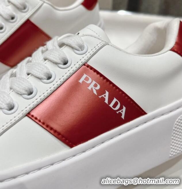 Unique Discount Prada White leather sneakers with Red Web and Tab 719139