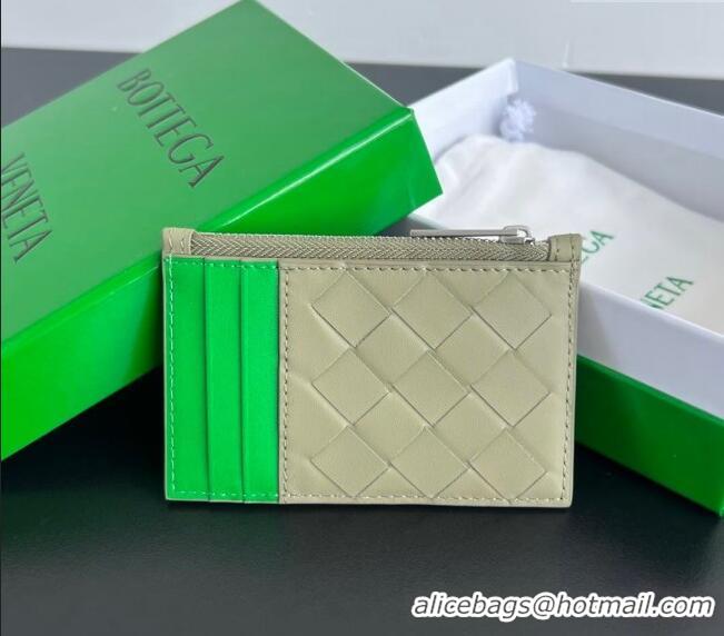 Latest Style Bottega Veneta Zippered Card Case Wallet in Intrecciato Leather 755985 Travertine/Parrot Green 2024