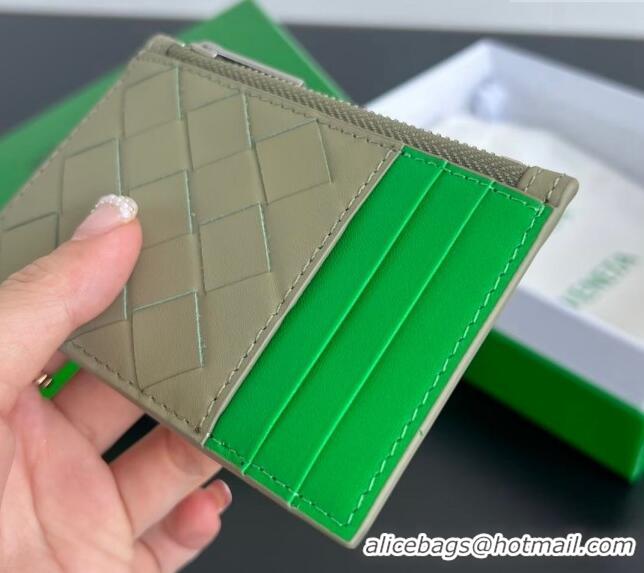 Latest Style Bottega Veneta Zippered Card Case Wallet in Intrecciato Leather 755985 Travertine/Parrot Green 2024