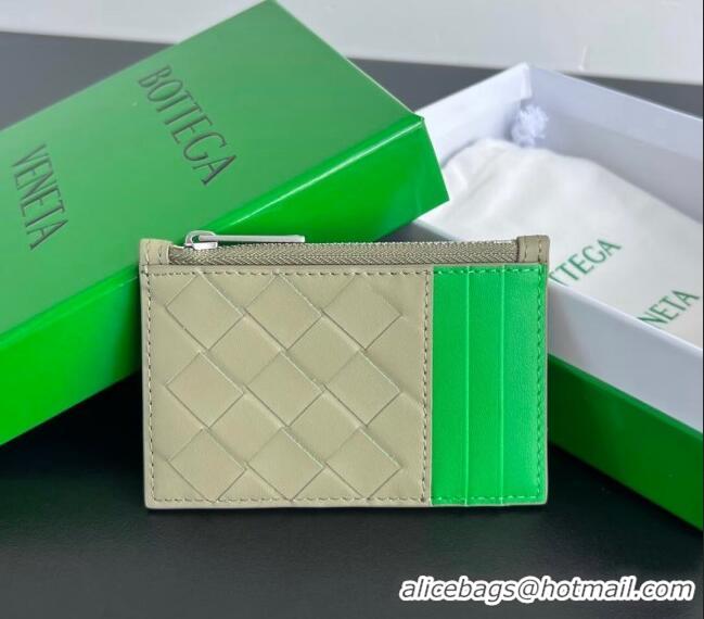 Latest Style Bottega Veneta Zippered Card Case Wallet in Intrecciato Leather 755985 Travertine/Parrot Green 2024