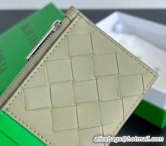 Latest Style Bottega Veneta Zippered Card Case Wallet in Intrecciato Leather 755985 Travertine/Parrot Green 2024