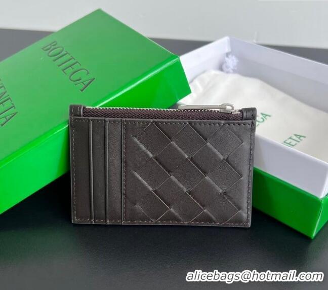 Cheapest Bottega Veneta Zippered Card Case Wallet in Intrecciato Leather 755985 Dark Chocolate Brown 2024