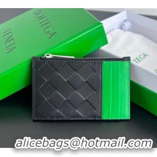 New Cheap Bottega Veneta Zippered Card Case Wallet in Intrecciato Leather 755985 Black/Parrot Green 2024