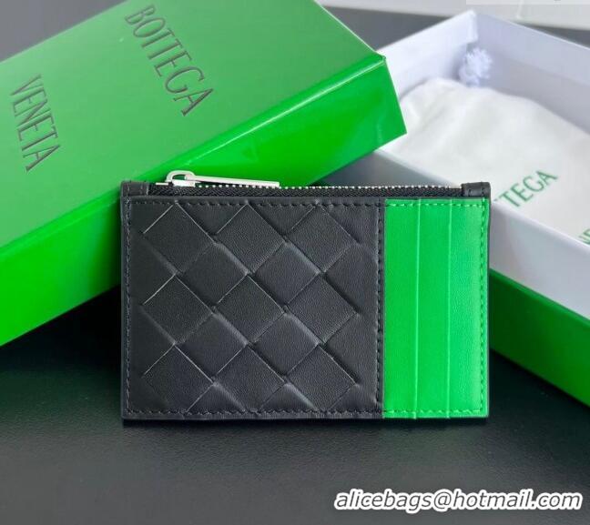 New Cheap Bottega Veneta Zippered Card Case Wallet in Intrecciato Leather 755985 Black/Parrot Green 2024