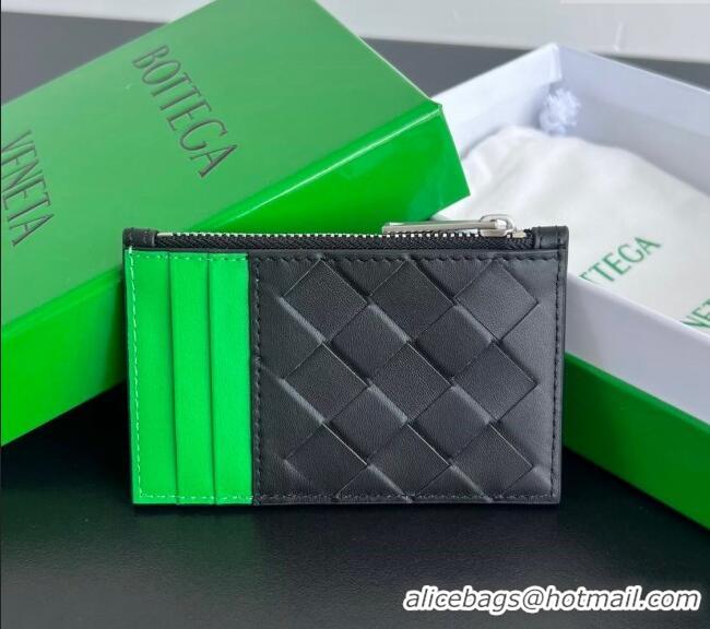 New Cheap Bottega Veneta Zippered Card Case Wallet in Intrecciato Leather 755985 Black/Parrot Green 2024