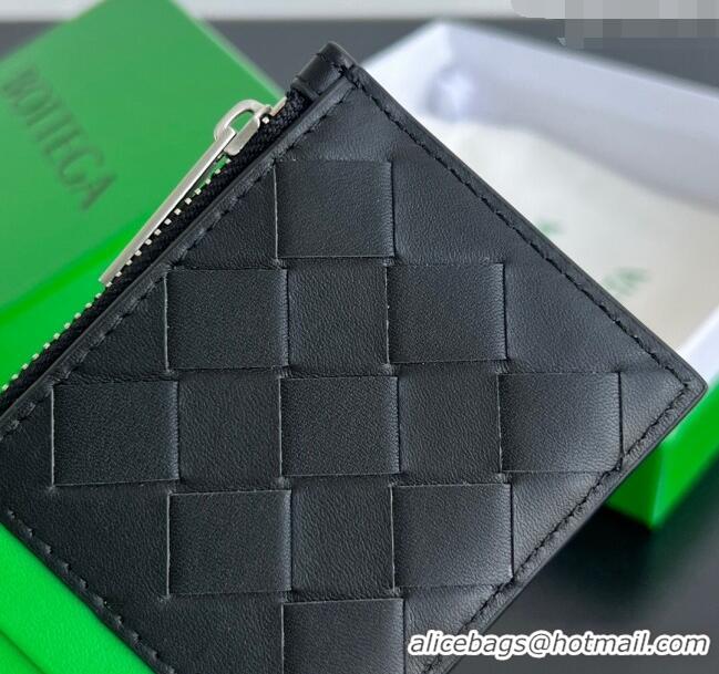 New Cheap Bottega Veneta Zippered Card Case Wallet in Intrecciato Leather 755985 Black/Parrot Green 2024