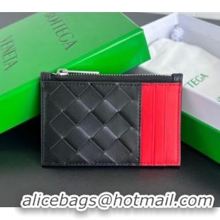 Grade Quality Bottega Veneta Zippered Card Case Wallet in Intrecciato Leather 755985 Black/Red 2024