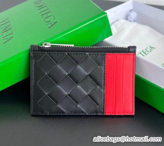 Grade Quality Bottega Veneta Zippered Card Case Wallet in Intrecciato Leather 755985 Black/Red 2024