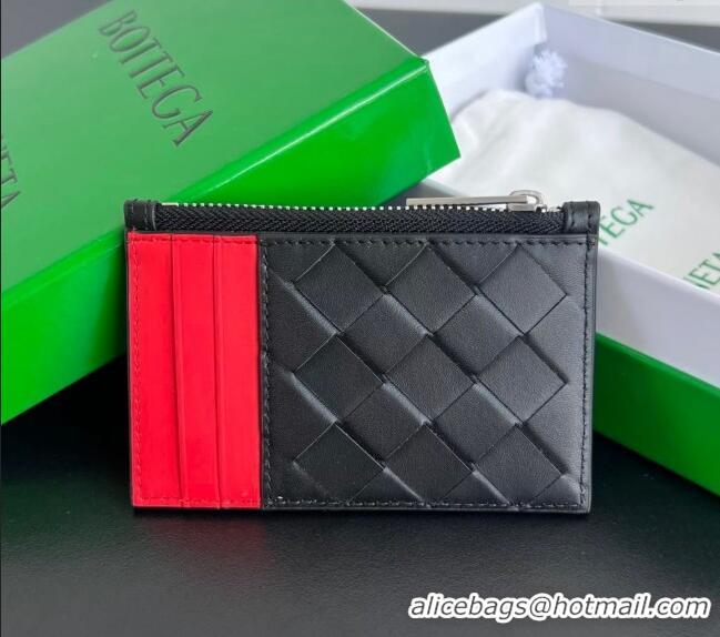 Grade Quality Bottega Veneta Zippered Card Case Wallet in Intrecciato Leather 755985 Black/Red 2024