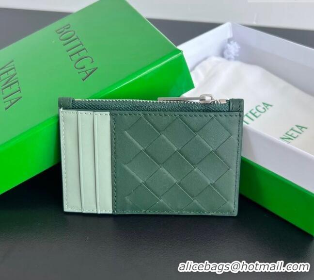 Classic Discount Bottega Veneta Zippered Card Case Wallet in Intrecciato Leather 755985 Green/Sage 2024