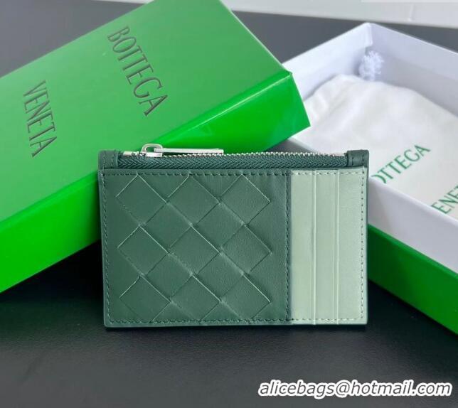 Classic Discount Bottega Veneta Zippered Card Case Wallet in Intrecciato Leather 755985 Green/Sage 2024