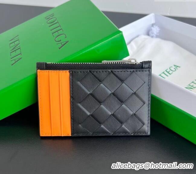 Good Looking Bottega Veneta Zippered Card Case Wallet in Intrecciato Leather 755985 Black/Orange 2024