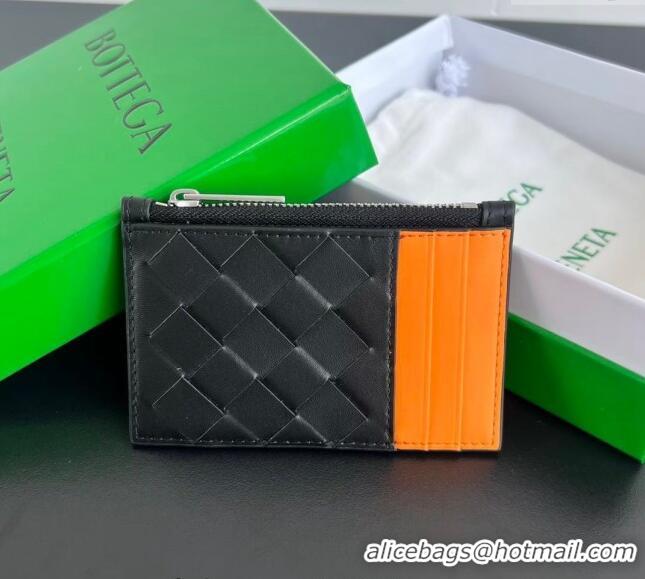 Good Looking Bottega Veneta Zippered Card Case Wallet in Intrecciato Leather 755985 Black/Orange 2024