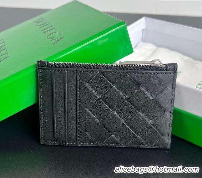 New Style Bottega Veneta Zippered Card Case Wallet in Intrecciato Leather 755985 Black/Silver 2024