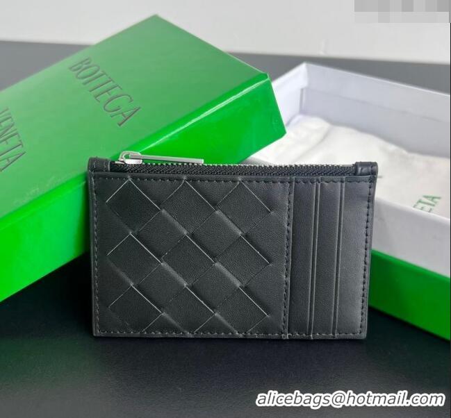 New Style Bottega Veneta Zippered Card Case Wallet in Intrecciato Leather 755985 Black/Silver 2024