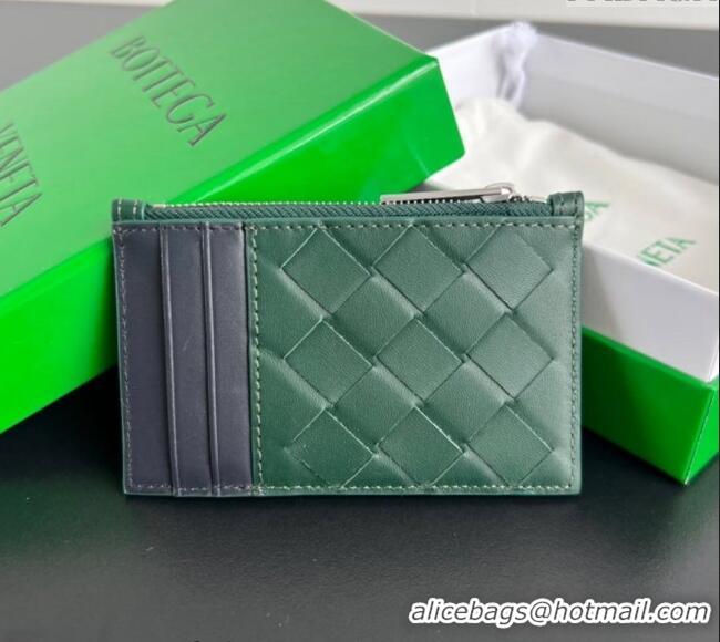 Top Grade Bottega Veneta Zippered Card Case Wallet in Intrecciato Leather 755985 Emerald green/space grey 2024