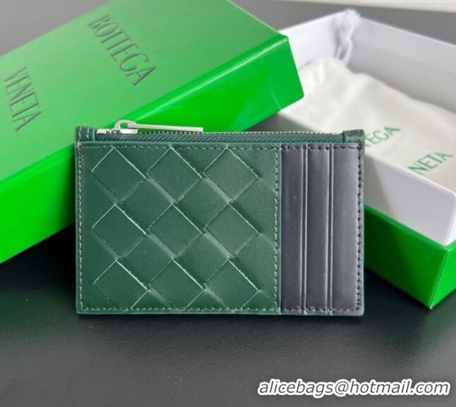 Top Grade Bottega Veneta Zippered Card Case Wallet in Intrecciato Leather 755985 Emerald green/space grey 2024