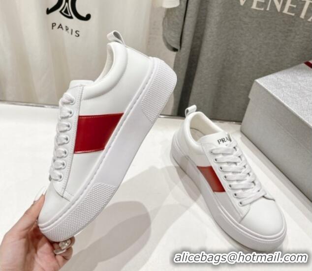 Sophisticated Prada White leather sneakers with Red Web 719142