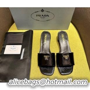 Stylish Prada Patent Saffiano Leather Heel Slides Sandal 4cm Black 720001