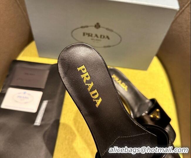 Stylish Prada Patent Saffiano Leather Heel Slides Sandal 4cm Black 720001