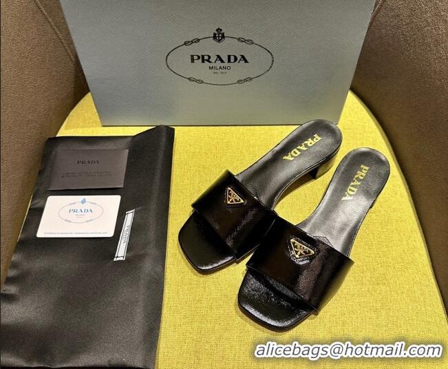 Stylish Prada Patent Saffiano Leather Heel Slides Sandal 4cm Black 720001