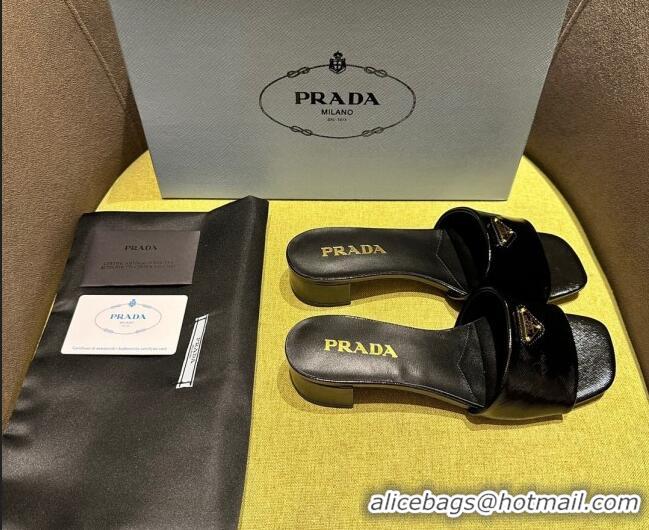 Stylish Prada Patent Saffiano Leather Heel Slides Sandal 4cm Black 720001