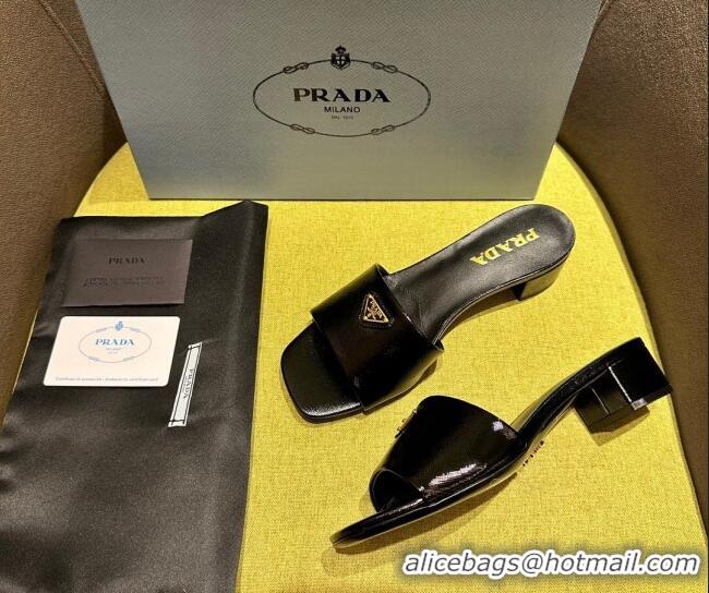 Stylish Prada Patent Saffiano Leather Heel Slides Sandal 4cm Black 720001