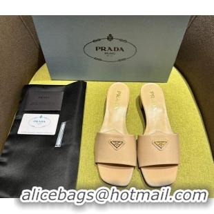 Hot Style Prada Patent Saffiano Leather Heel Slides Sandal 4cm Beige 720002