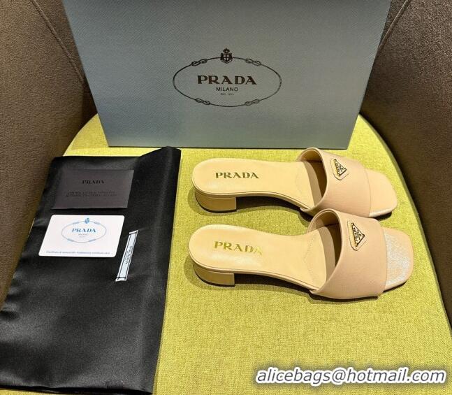 Hot Style Prada Patent Saffiano Leather Heel Slides Sandal 4cm Beige 720002