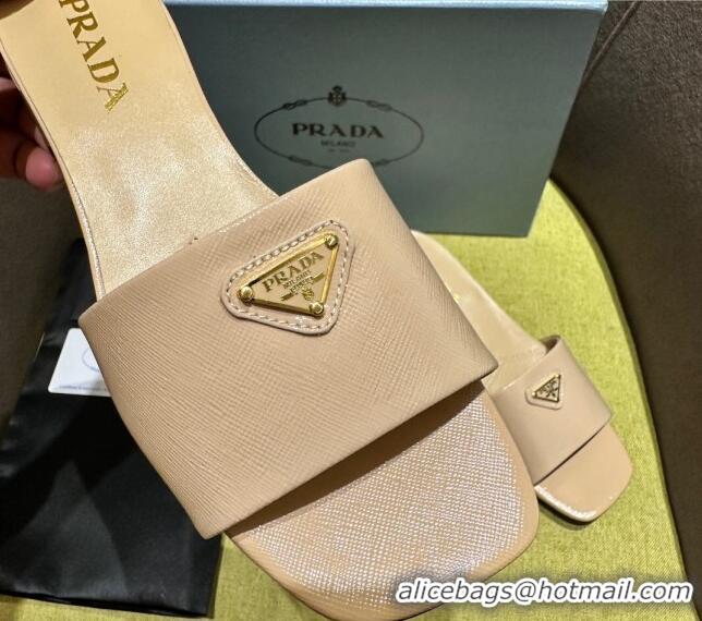 Hot Style Prada Patent Saffiano Leather Heel Slides Sandal 4cm Beige 720002