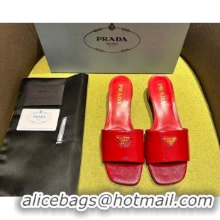 Stylish Prada Patent Saffiano Leather Heel Slides Sandal 4cm Red 720003